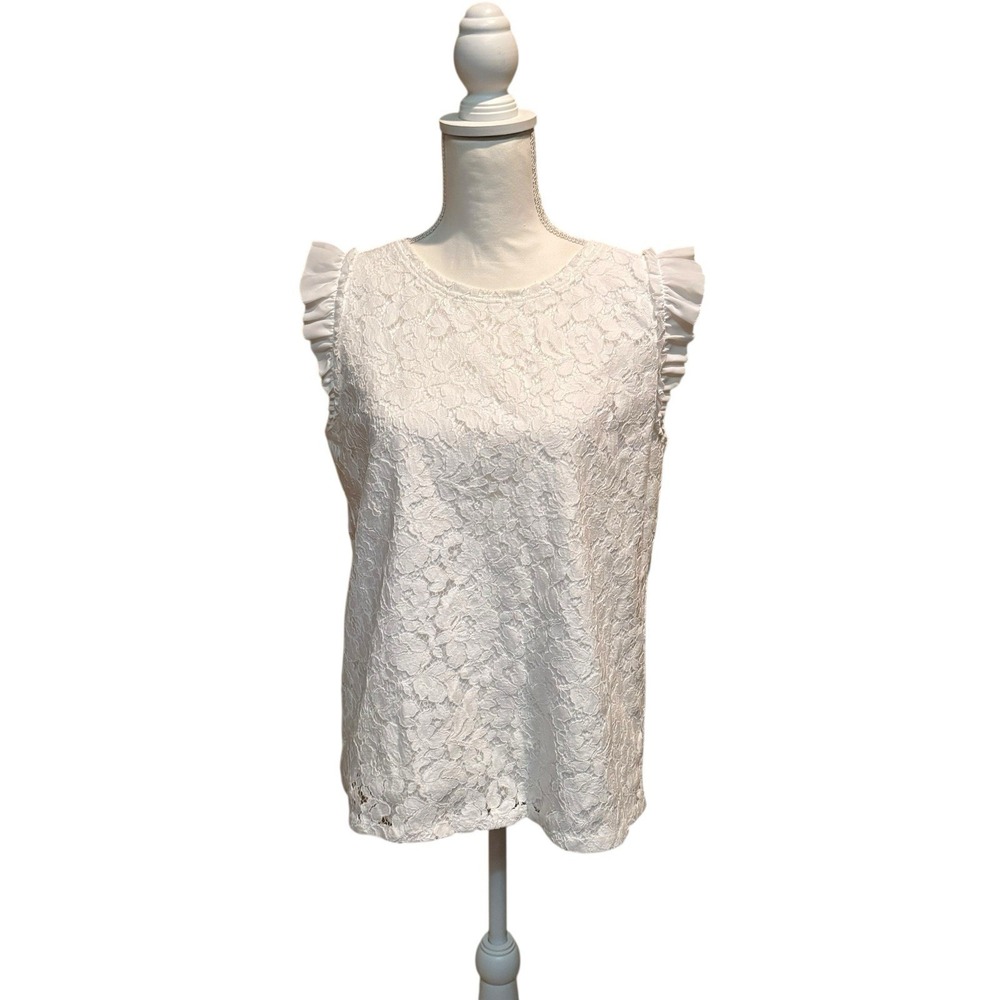 Loft Women's White Top Blouse‎ Crochet Overlay Short Ruffle Sleeves Size Medium